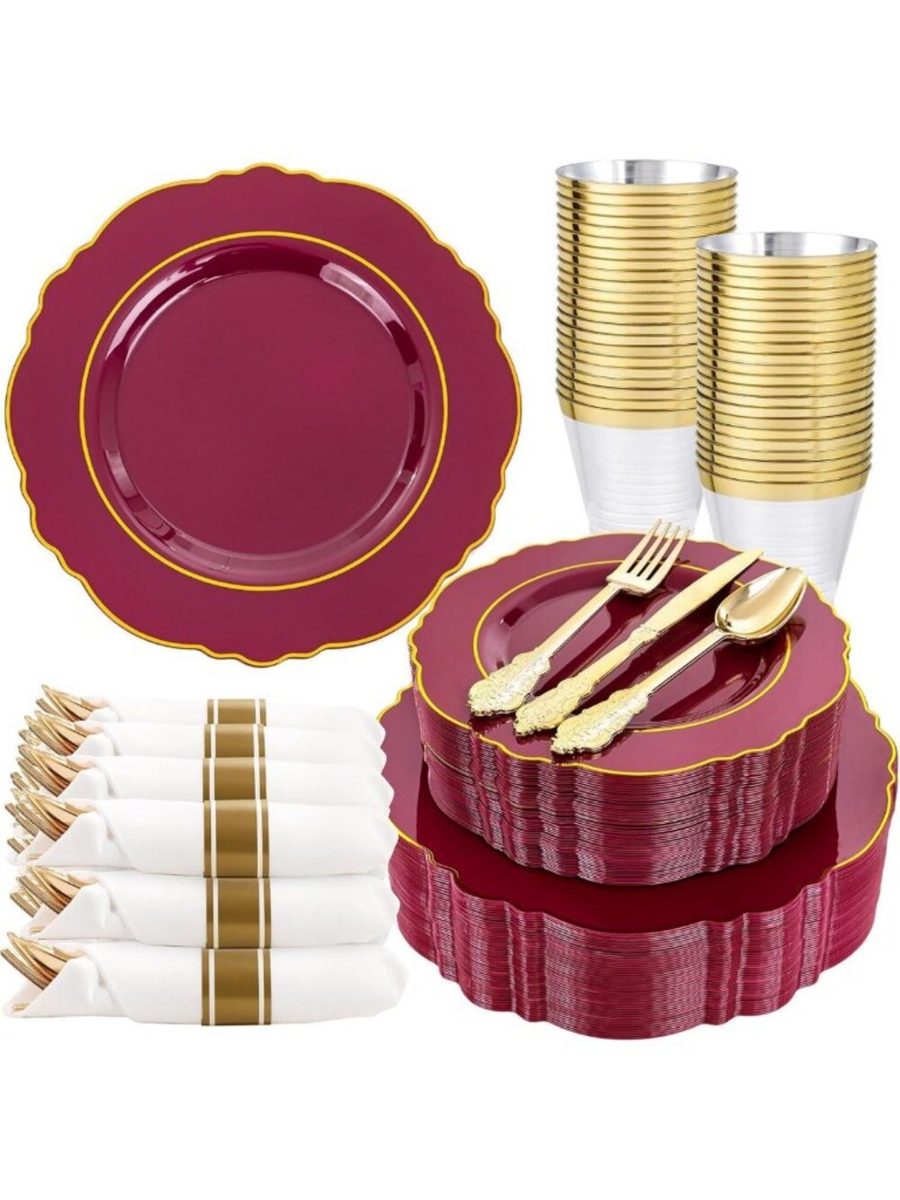 350PCS Burgundy Red & Gold Disposable Plates, Napkins, Cups - Perfect for